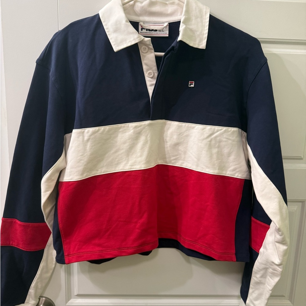 Vintage Cropped Fila Navy, White, and Red Rugby Shirt Size Medium